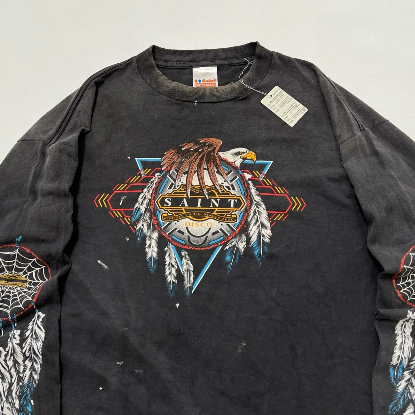 SAINT Mxxxxxx x TEFLON DISCO SAINT DISCO ML_LS TEE/BLK Eagle Feather Spider Web Distressed Long Sleeve S-XL Ready-to-wear Assute dyeing, water spray fading treatment, customized TEFLON DISCO co-branded accessories, hand-splashed ink, wormhole fraying treatment, genuine level printing process